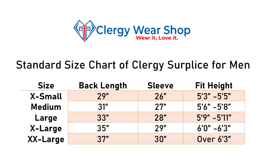 Size Chart of Clergy Surplice for Mens