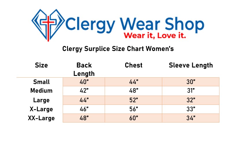 Size Chart of Clergy Surplice for Women