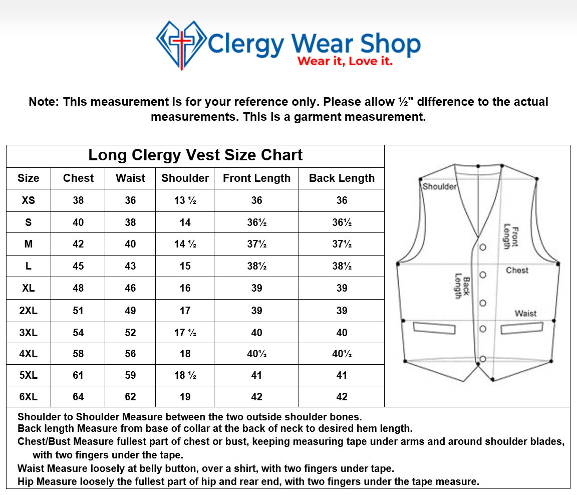 Size Chart of Long Clergy Vest