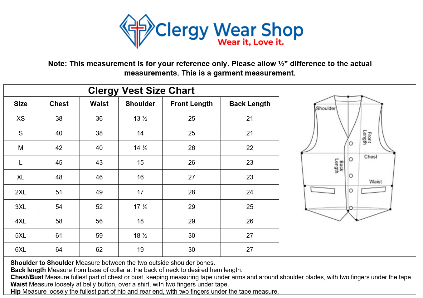 Size chart of Clergy Vest Short for Men