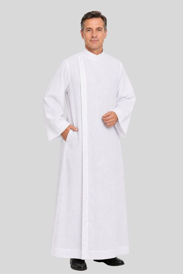White Catholic Alb for Men with Double Breasted Front