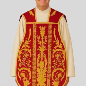 Red Roman Chasuble with Ornate Gold Embroidery Traditional Liturgical Vestment