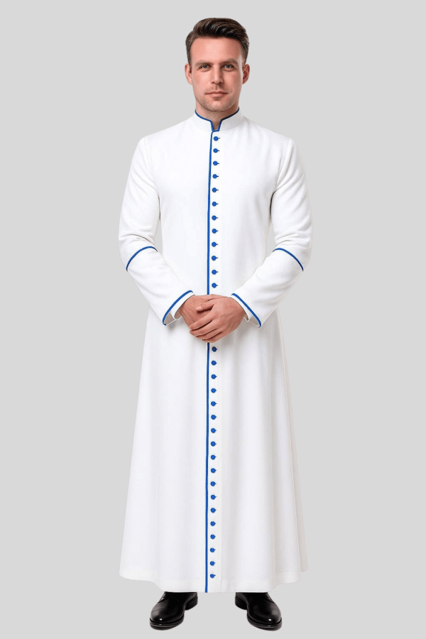 Men's White Cassock with Blue Trim