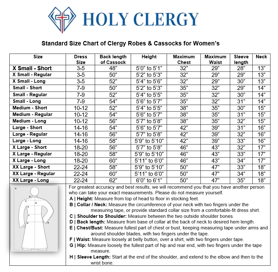 Size chart of Cassock & Robes for Womens