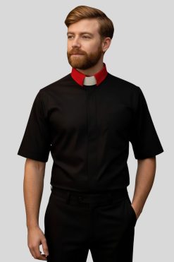 Tab Collar Black Clergy Shirts with Red Cuff