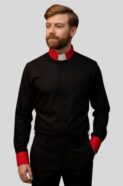 Tab Collar Black Clergy Shirts with Red Cuff