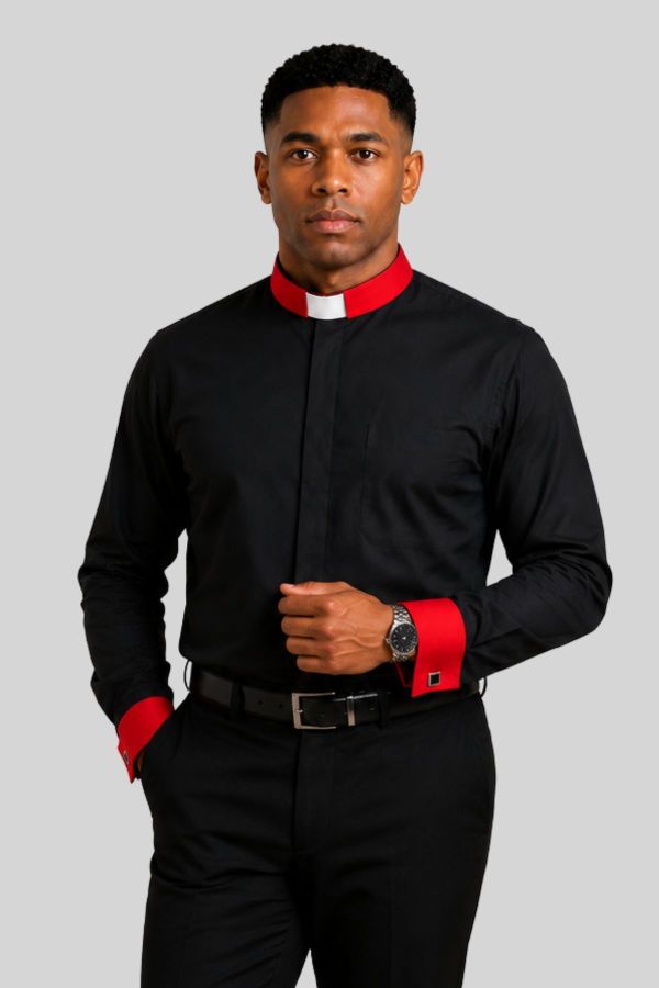 Tab Collar Black Clergy Shirts with Red Cuff
