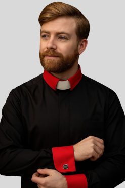 Tab Collar Black Clergy Shirts with Red Cuff