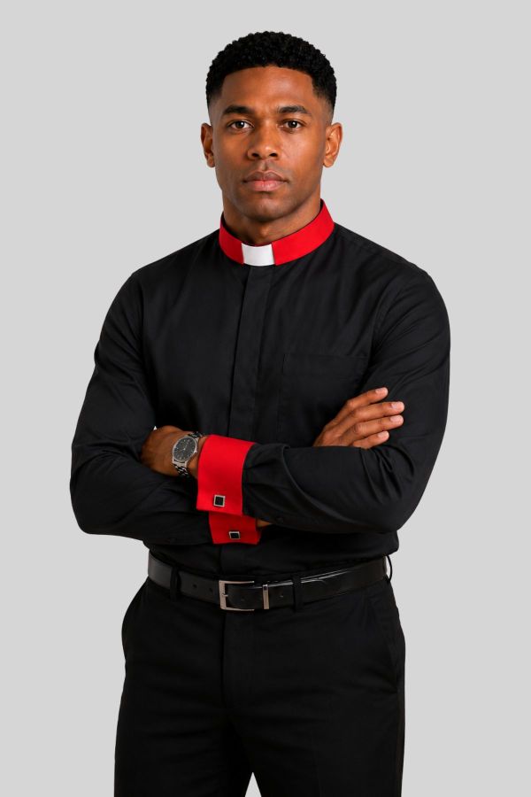 Tab Collar Black Clergy Shirts with Red Cuff