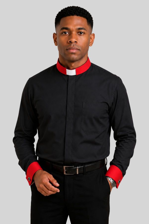 Tab Collar Black Clergy Shirts with Red Cuff