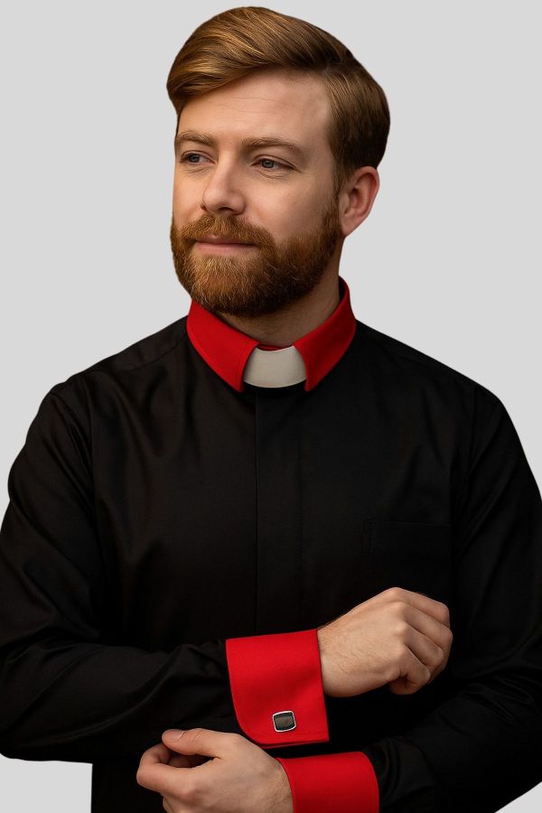 Tab Collar Black Clergy Shirts with Red Cuff