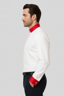 Luxury White Clergy Shirt with Tab Collar & Red French Cuffs