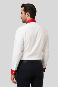 Luxury White Clergy Shirt with Tab Collar & Red French Cuffs