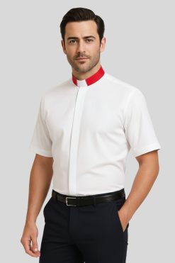 Luxury White Clergy Shirt with Tab Collar & Red French Cuffs