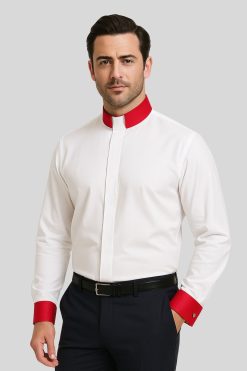 Luxury White Clergy Shirt with Tab Collar & Red French Cuffs