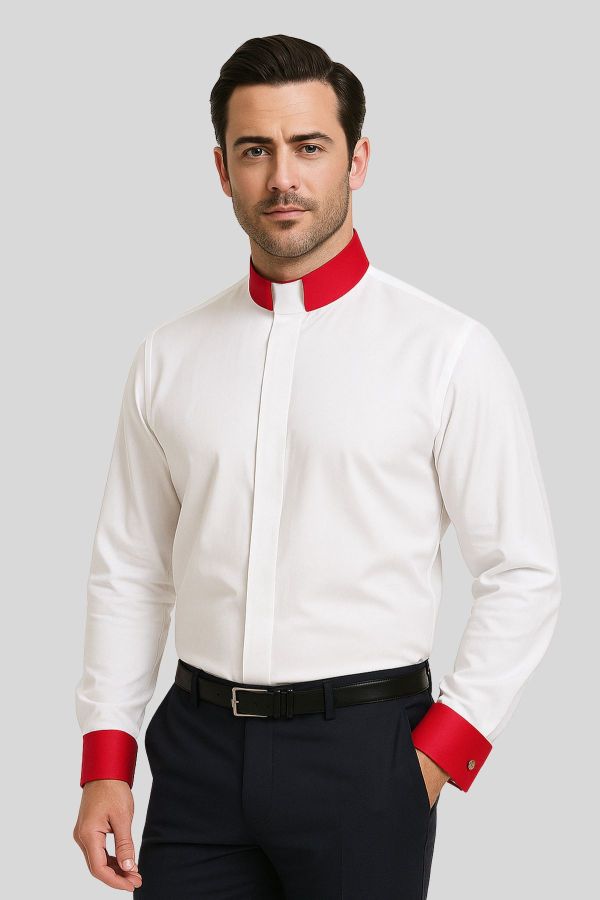 Luxury White Clergy Shirt with Tab Collar & Red French Cuffs