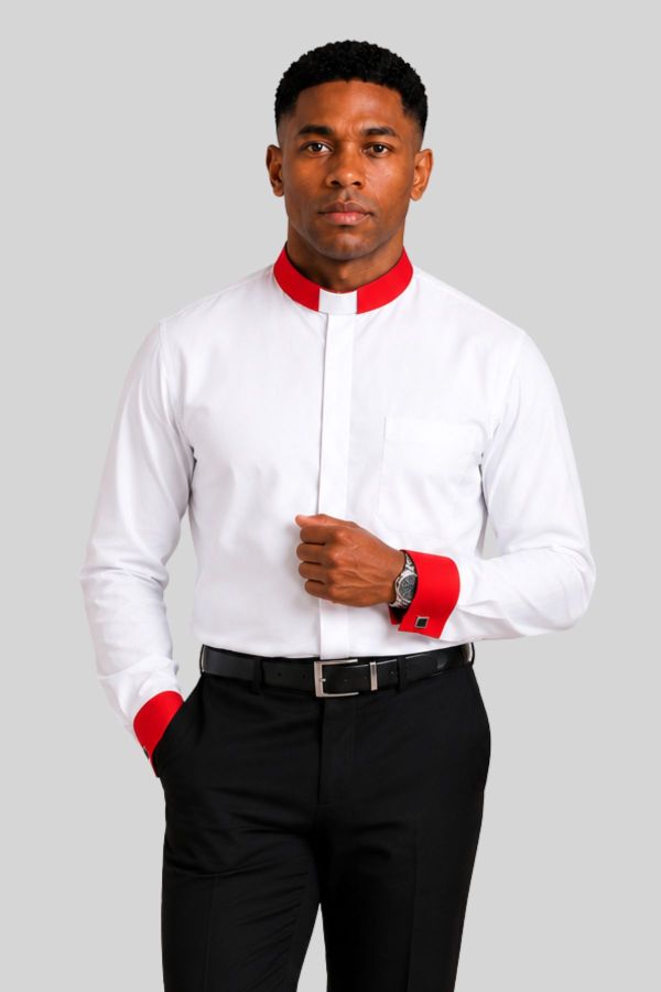 Luxury White Tab Collar Clergy Shirt with Red French Cuffs
