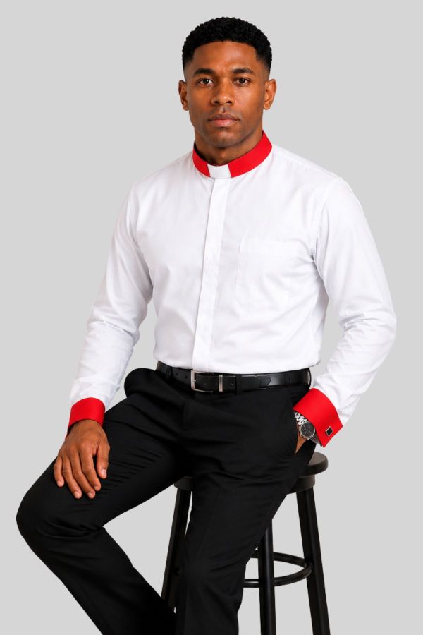 Luxury White Tab Collar Clergy Shirt with Red French Cuffs