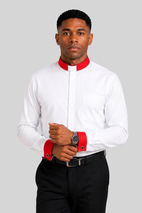 Luxury White Tab Collar Clergy Shirt with Red French Cuffs