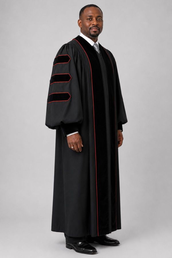Black Pulpit Robe Velvet Panels, Doctoral Bars & Red Piping