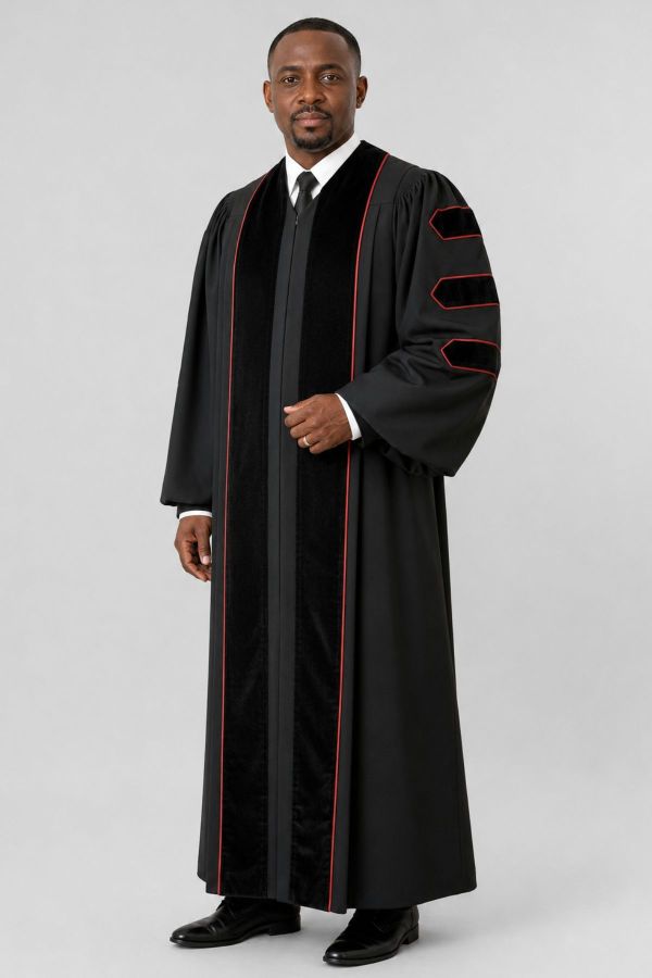 Black Pulpit Robe Velvet Panels, Doctoral Bars & Red Piping