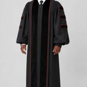 Black Pulpit Robe Velvet Panels, Doctoral Bars & Red Piping