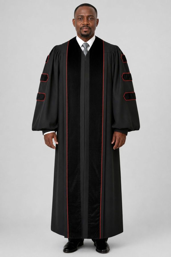 Black Pulpit Robe Velvet Panels, Doctoral Bars & Red Piping