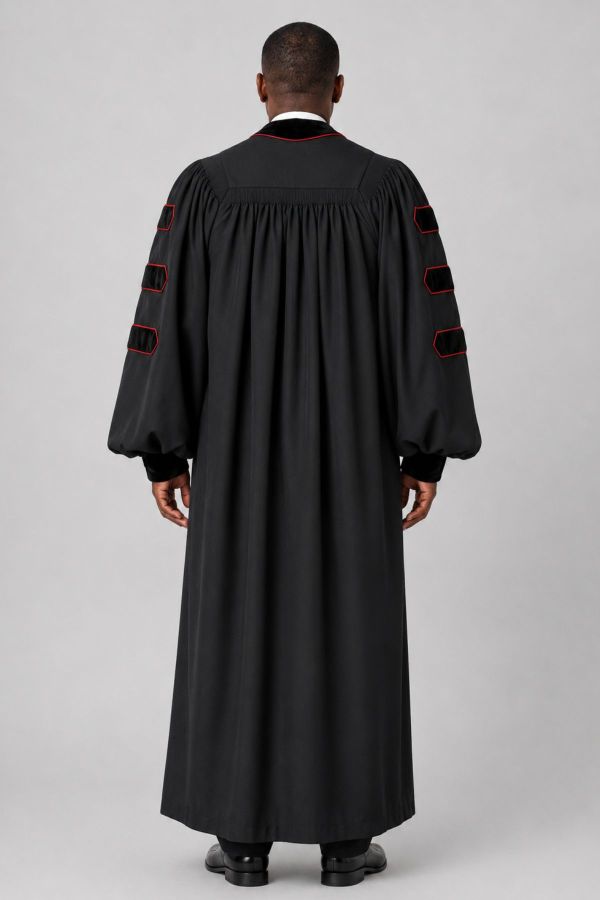 Black Pulpit Robe Velvet Panels, Doctoral Bars & Red Piping