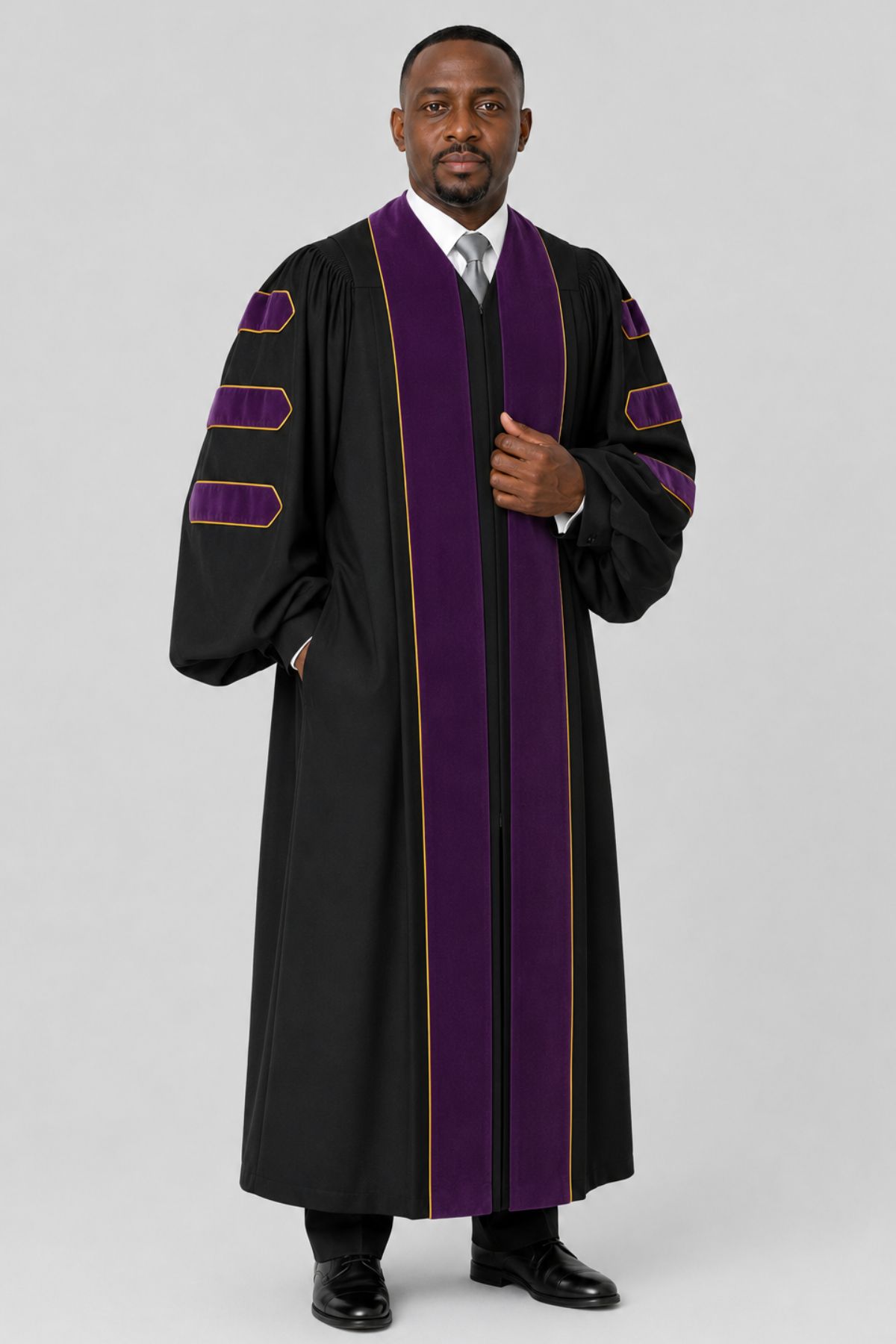 Black Pulpit Robe with Purple Velvet Panel & Gold Trim (4) Black Pulpit Robe with Purple Velvet Panel & Gold Trim
