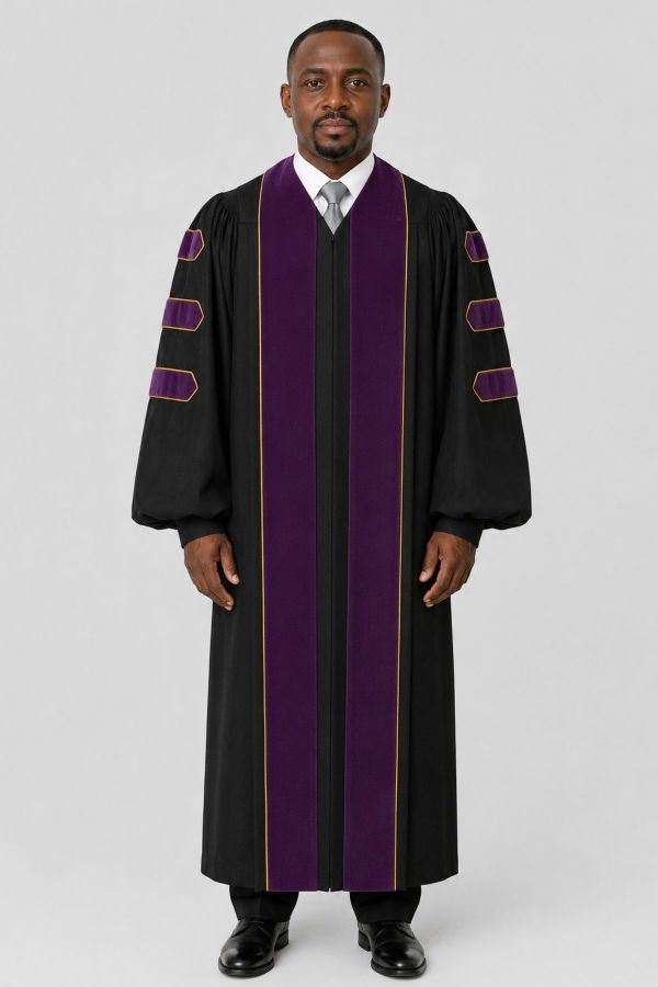 Black Pulpit Robe with Purple Velvet Panel & Gold Trim