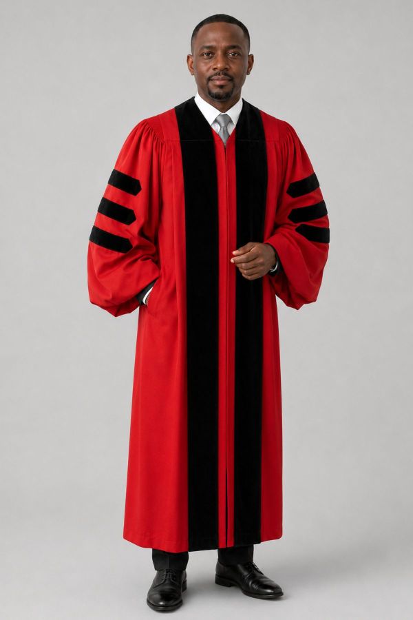 Evangelist Red Pulpit Robe with Black Velvet & Doctoral Bars