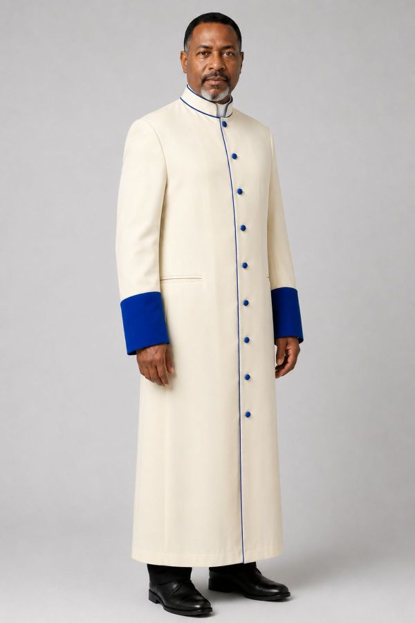 Ivory Cream Clergy Robe with Royal Blue Trim and Buttons