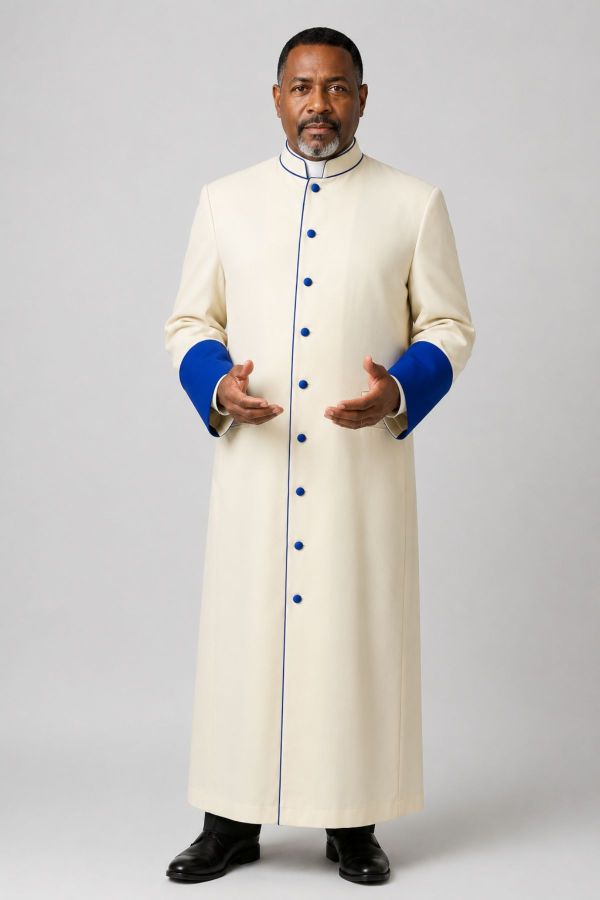 Ivory Cream Clergy Robe with Royal Blue Trim and Buttons