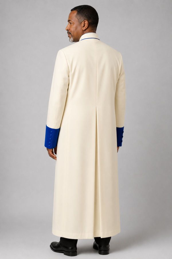Ivory Cream Clergy Robe with Royal Blue Trim and Buttons