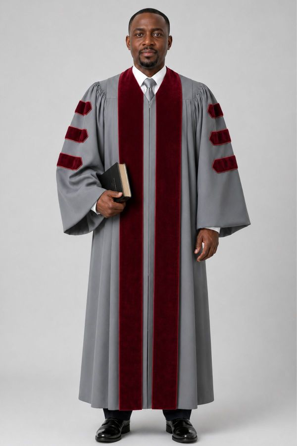 Malachi Gray Clergy Pulpit Robe with Maroon Velvet & Doctoral Bars