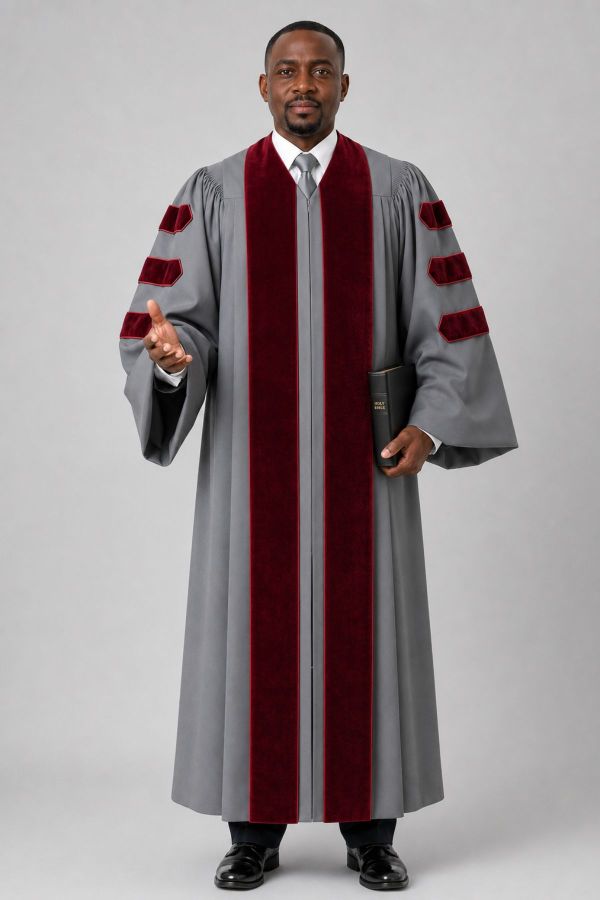 Malachi Gray Clergy Pulpit Robe with Maroon Velvet & Doctoral Bars