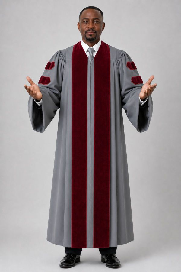 Malachi Gray Clergy Pulpit Robe with Maroon Velvet & Doctoral Bars
