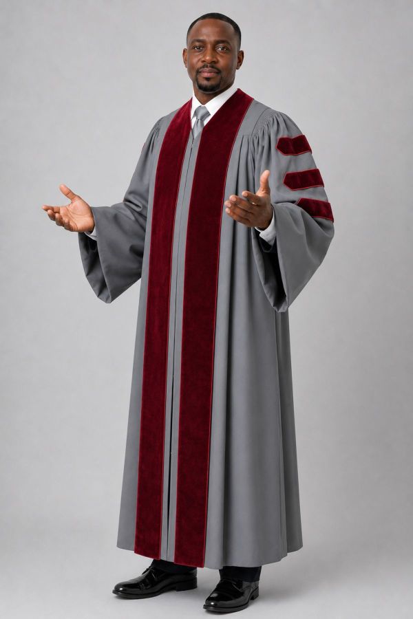 Malachi Gray Clergy Pulpit Robe with Maroon Velvet & Doctoral Bars
