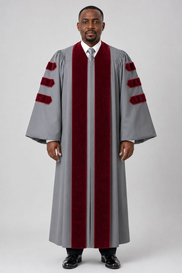 Malachi Gray Clergy Pulpit Robe with Maroon Velvet & Doctoral Bars