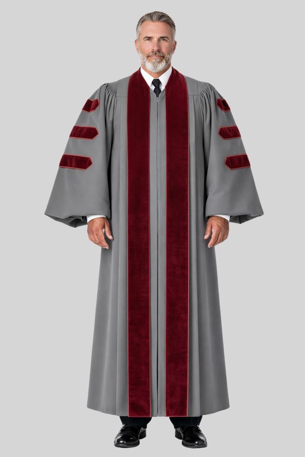 Malachi Gray Pulpit Robe with Velvet for Church Leaders