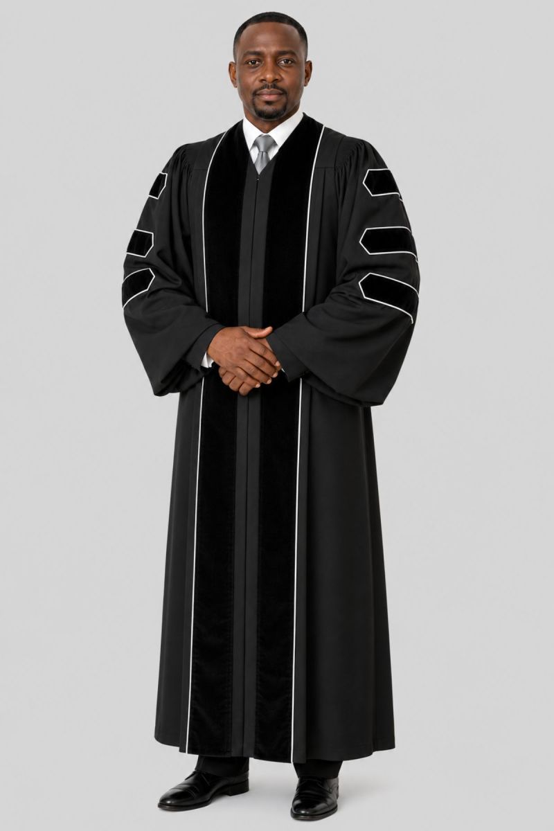 Pulpit Robe Men's Pax Black Pulpit Robe | Velvet & White Trim - Holy Clergy