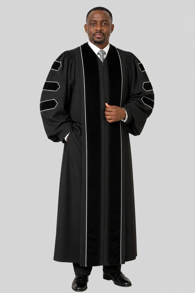 Pulpit Robe Men's Pax Black Pulpit Robe | Velvet & White Trim - Holy Clergy
