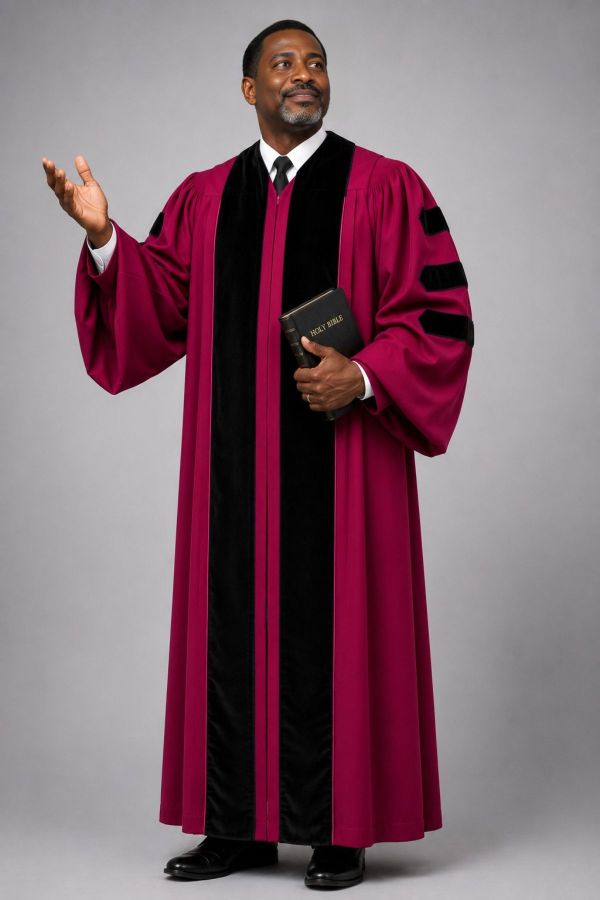Regalia Burgundy Pulpit Robe with Black Velvet Panels