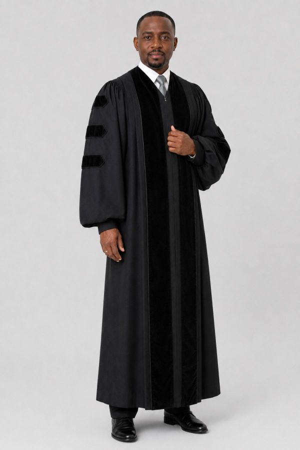 Shadowline Black Pulpit Robe with Velvet Panels & Doctoral Bars