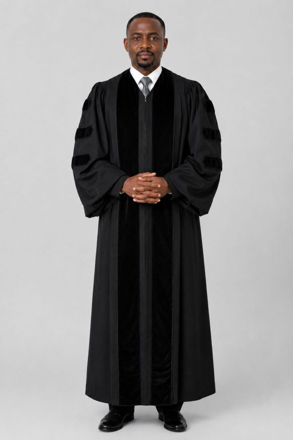 Shadowline Black Pulpit Robe with Velvet Panels & Doctoral Bars