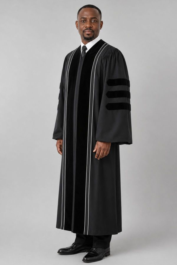 Sovereign Black Clergy Robe with Velvet Panels & White Piping