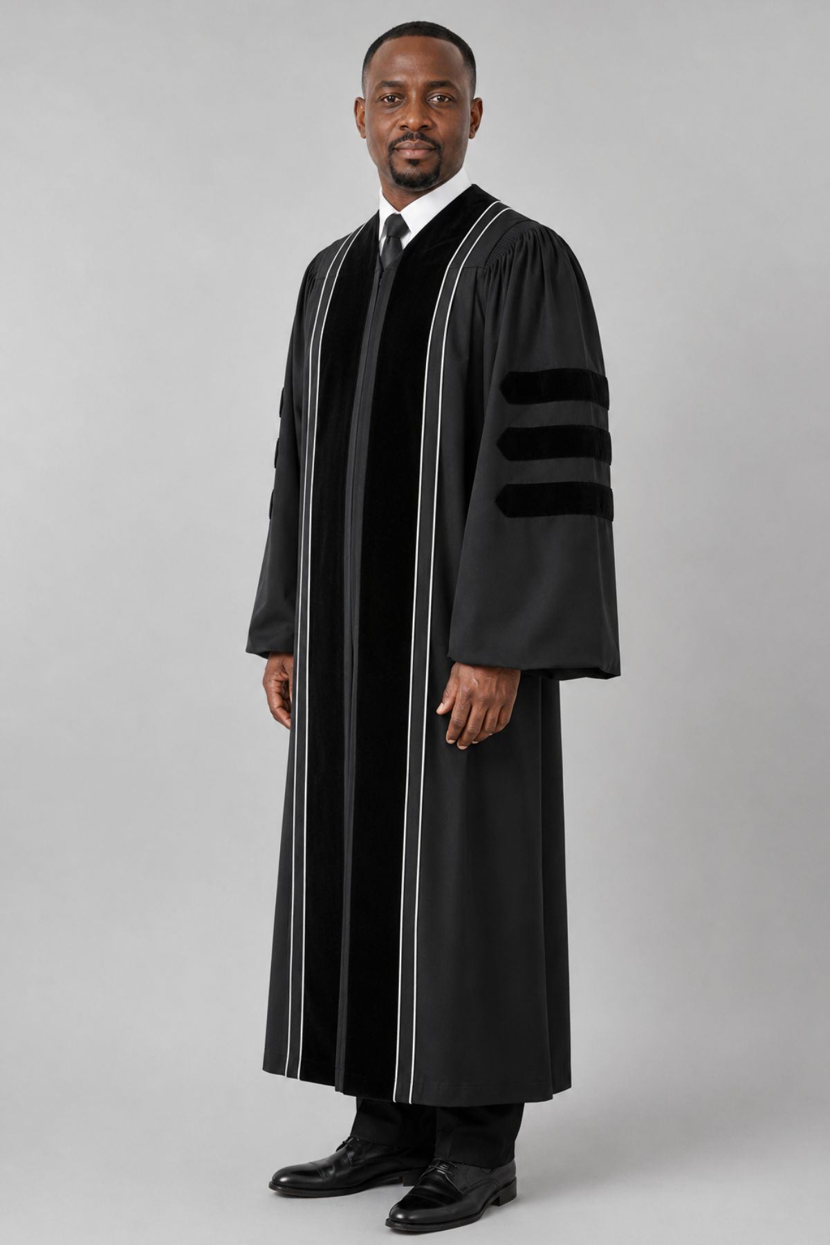 Sovereign Black Clergy Robe with Velvet Panels & White Piping (2) Sovereign Black Clergy Robe with Velvet Panels & White Piping