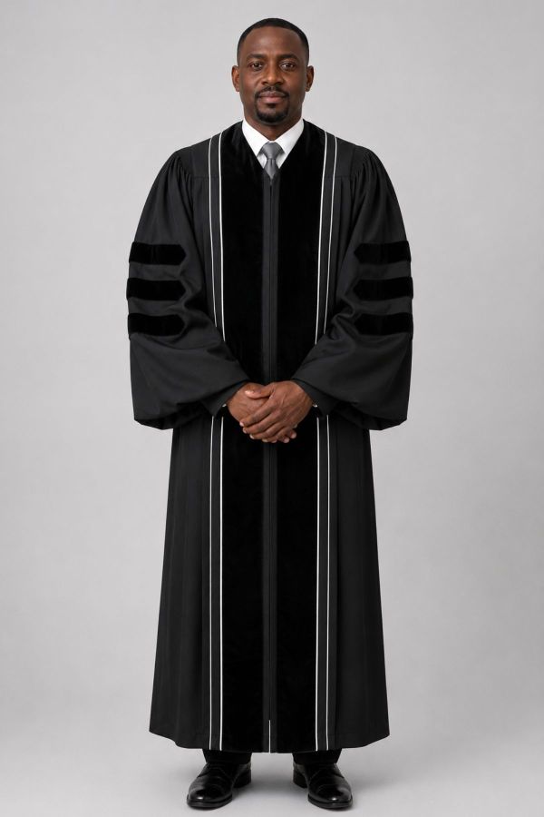 Sovereign Black Clergy Robe with Velvet Panels & White Piping