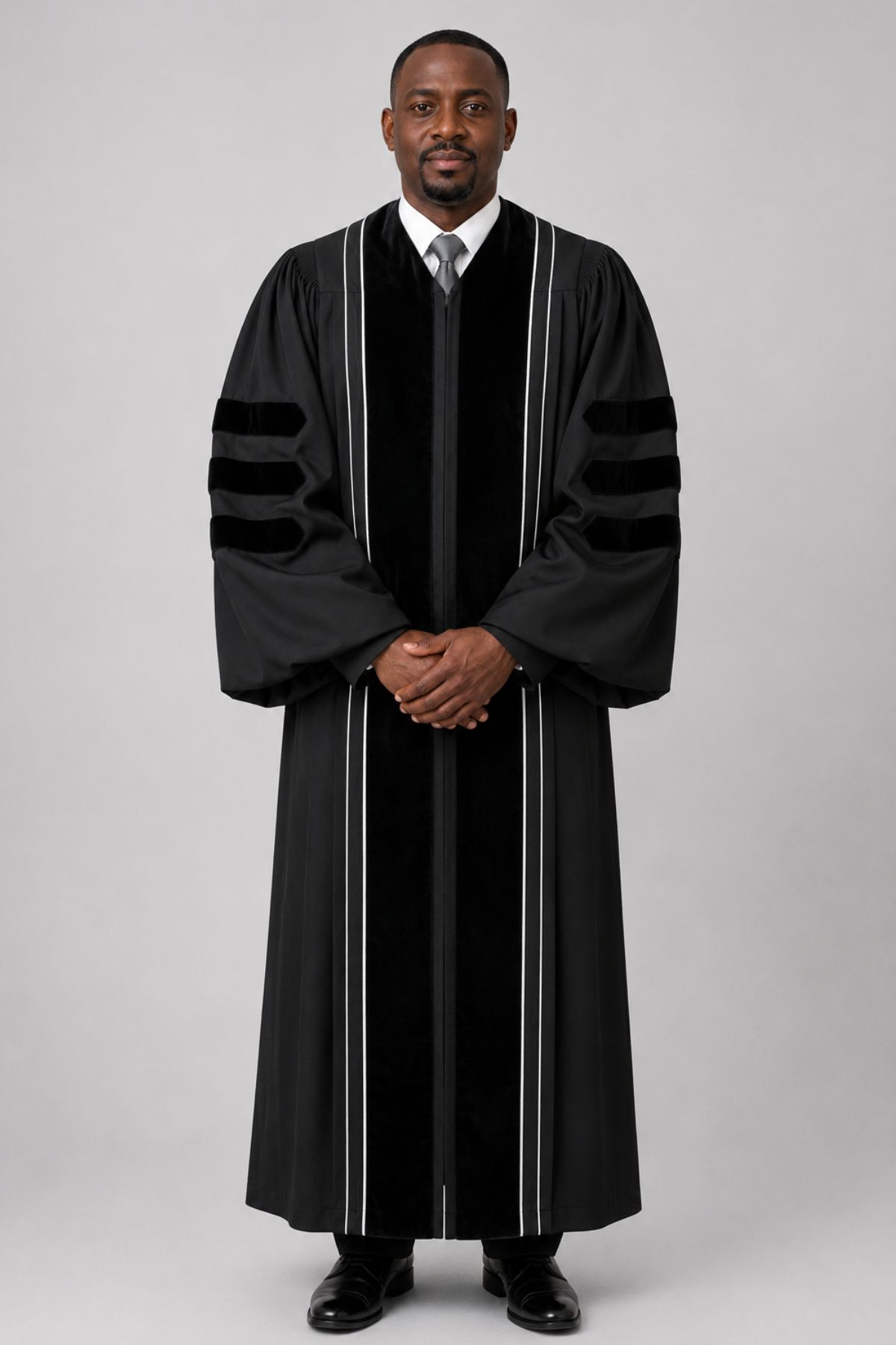 Sovereign Black Clergy Robe with Velvet Panels & White Piping (3) Sovereign Black Clergy Robe with Velvet Panels & White Piping