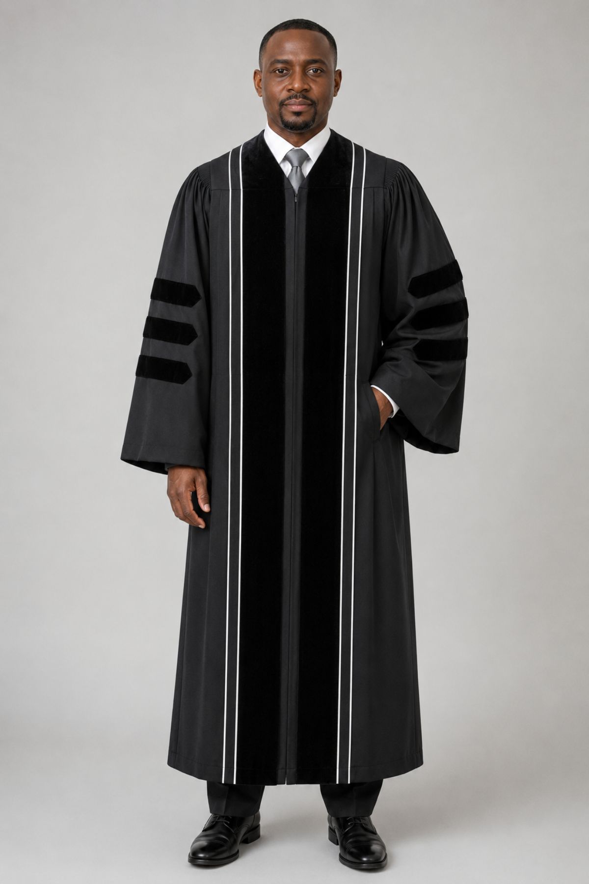 Sovereign Black Clergy Robe with Velvet Panels & White Piping (4) Sovereign Black Clergy Robe with Velvet Panels & White Piping